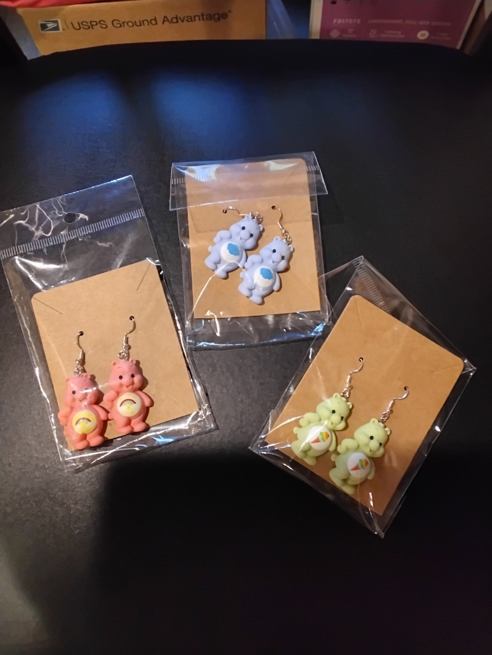 Handmade Pastel Care Bear Dangle Earrings Trio - Pink, Blue, Green Firm Price